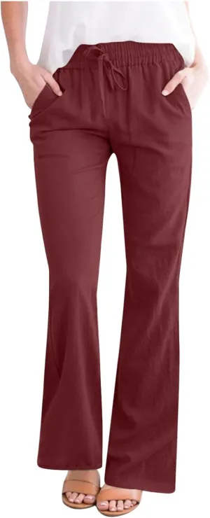 Cotton Linen Pants Women Summer Drawstring High Waisted Linen Palazzo Pants Wide Leg Lounge Pant Casual Beach Trousers