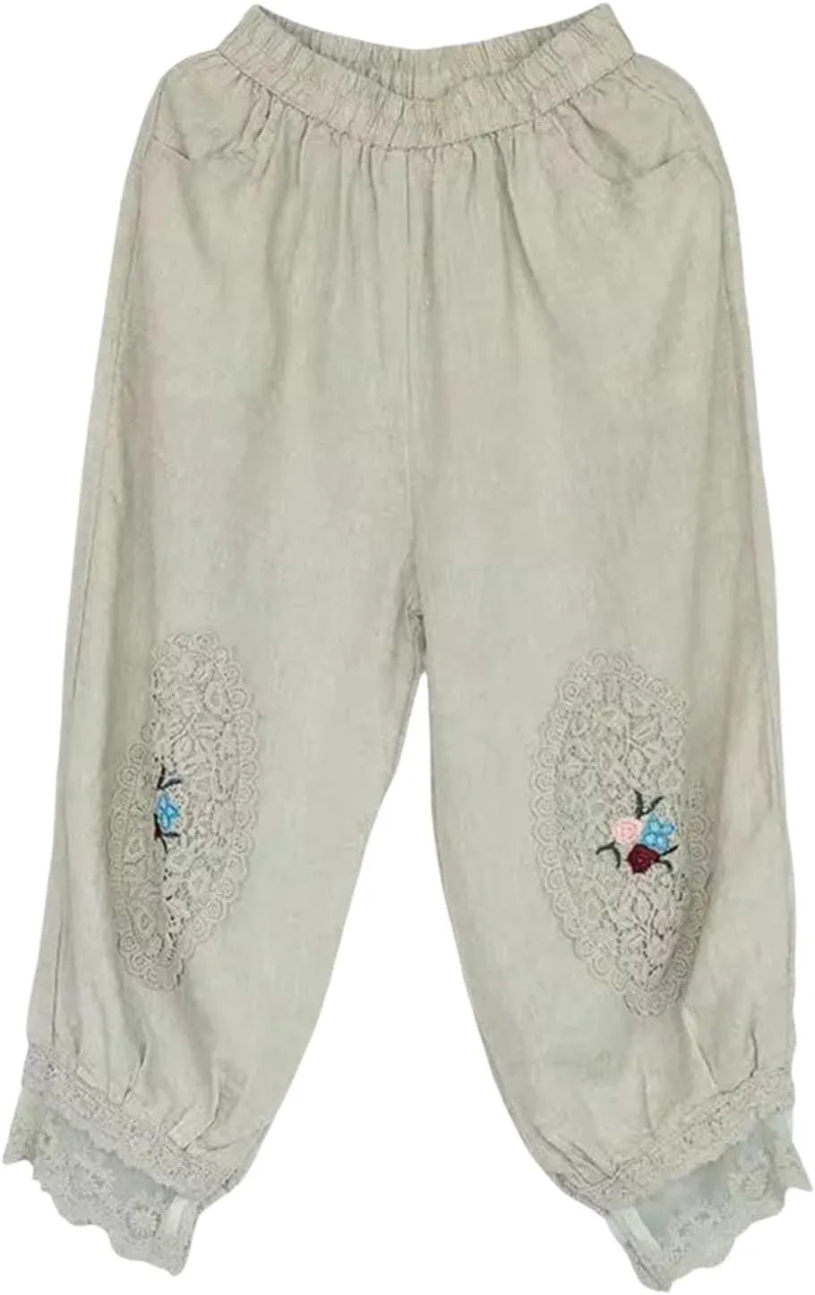 Cotton Linen Pants Women Trendy Boho Floral Embroidered Ruffle Hem Trousers Elastic High Waist Casual Pants Pockets
