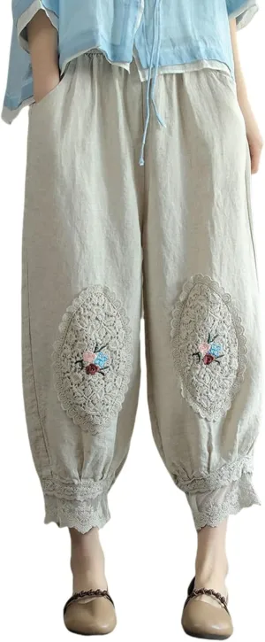 Cotton Linen Pants Women Trendy Boho Floral Embroidered Ruffle Hem Trousers Elastic High Waist Casual Pants Pockets