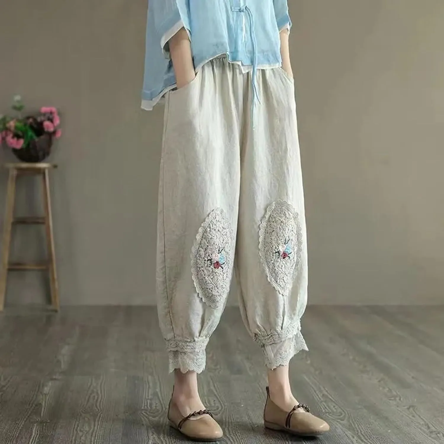 Cotton Linen Pants Women Trendy Boho Floral Embroidered Ruffle Hem Trousers Elastic High Waist Casual Pants Pockets