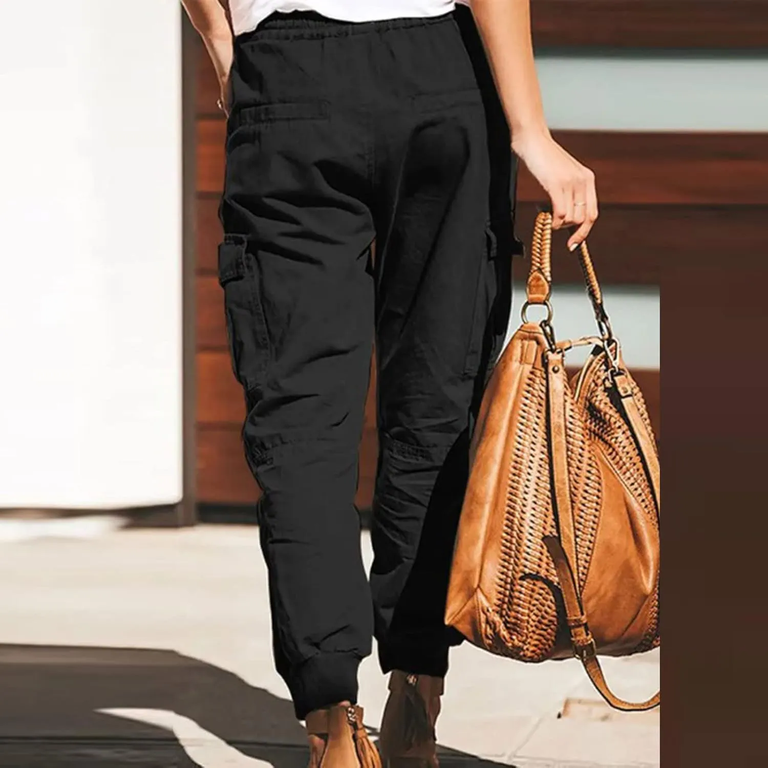 Cotton Womens Summer Cargo Pants Lightweight Casual Plus Size Drawstring Elastic Waist Loose Hiking Pocket Trousers