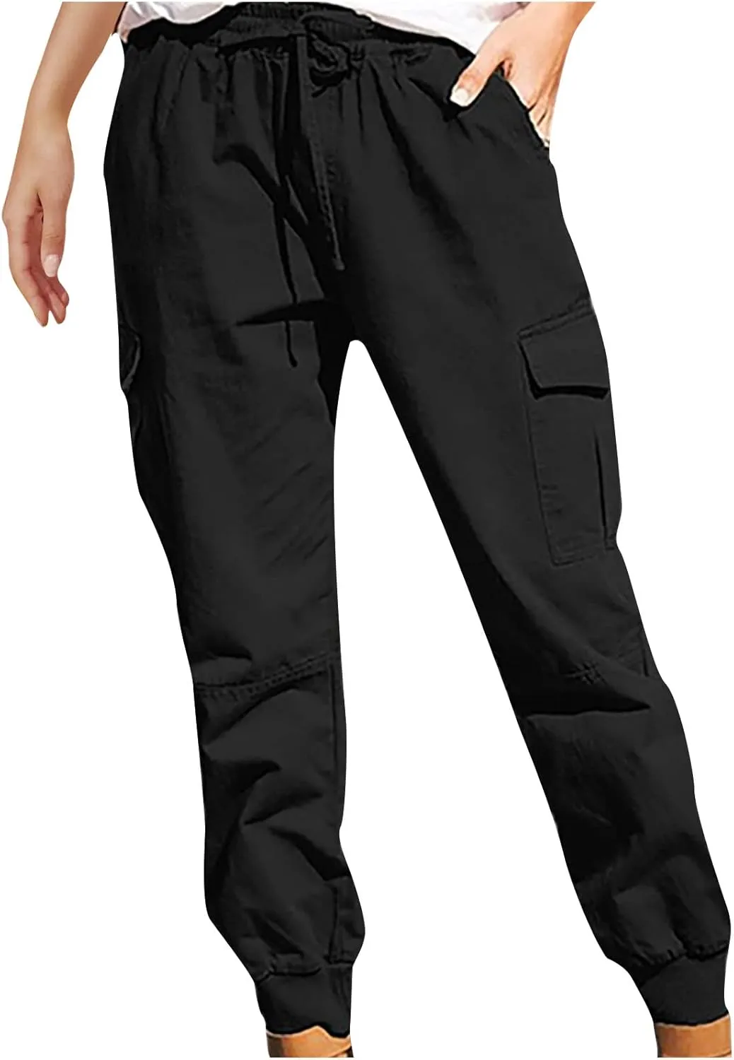 Cotton Womens Summer Cargo Pants Lightweight Casual Plus Size Drawstring Elastic Waist Loose Hiking Pocket Trousers