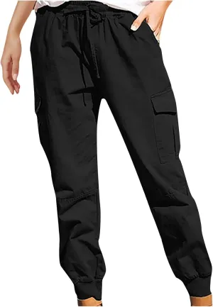 Cotton Womens Summer Cargo Pants Lightweight Casual Plus Size Drawstring Elastic Waist Loose Hiking Pocket Trousers