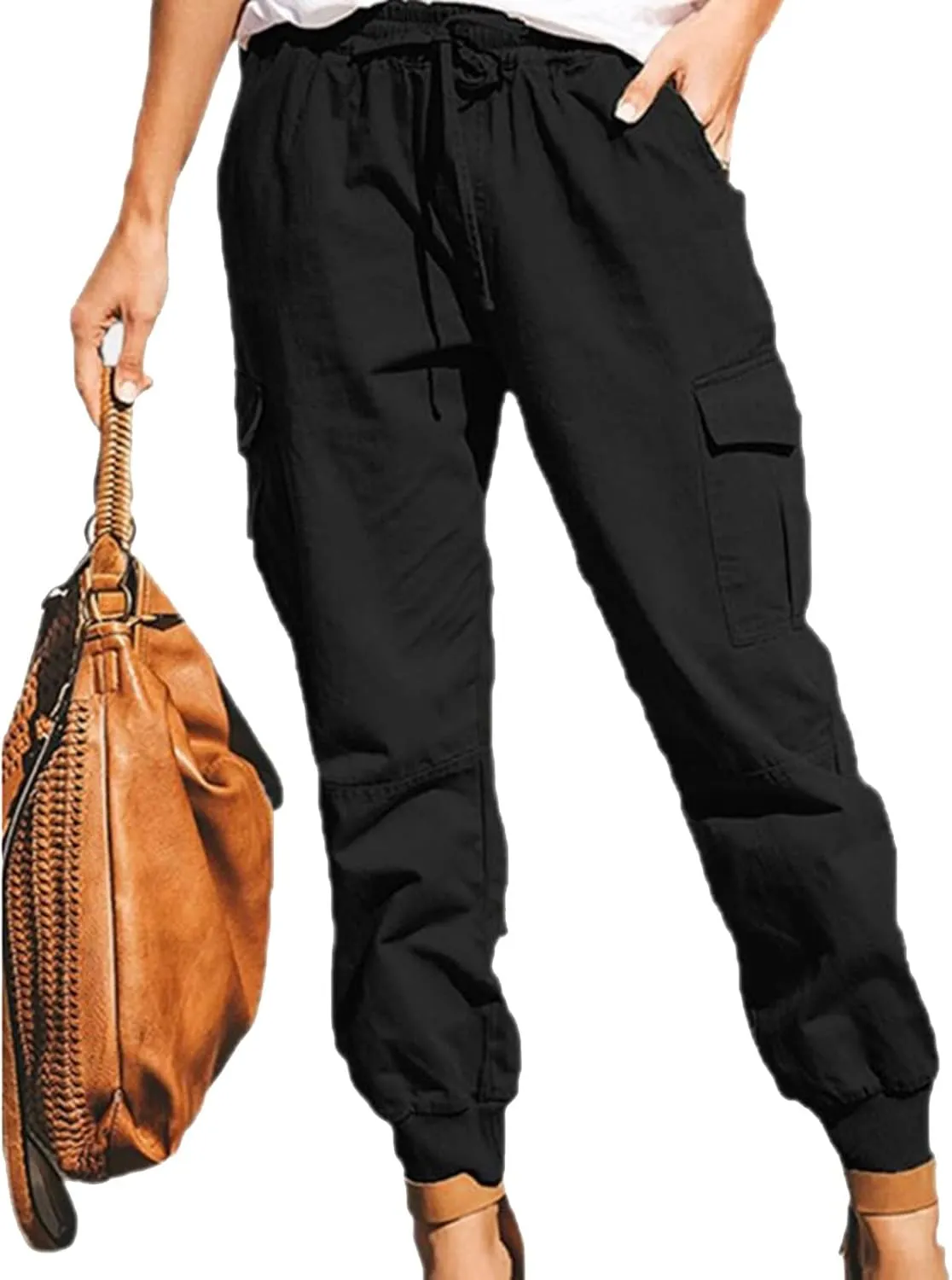 Cotton Womens Summer Cargo Pants Lightweight Casual Plus Size Drawstring Elastic Waist Loose Hiking Pocket Trousers