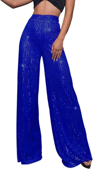CRNTCEM Women Sparkle Wide Leg Pants Comfy Disco Themed Party Clubwear Vintage Y2K Pants High Wasit Straight Trousers