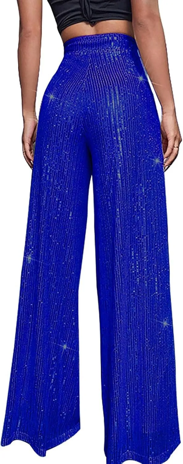 CRNTCEM Women Sparkle Wide Leg Pants Comfy Disco Themed Party Clubwear Vintage Y2K Pants High Wasit Straight Trousers