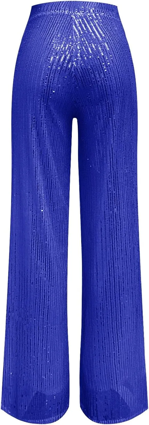 CRNTCEM Women Sparkle Wide Leg Pants Comfy Disco Themed Party Clubwear Vintage Y2K Pants High Wasit Straight Trousers