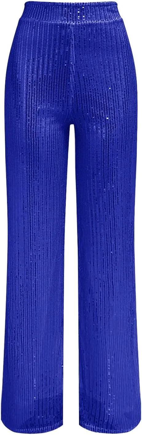 CRNTCEM Women Sparkle Wide Leg Pants Comfy Disco Themed Party Clubwear Vintage Y2K Pants High Wasit Straight Trousers