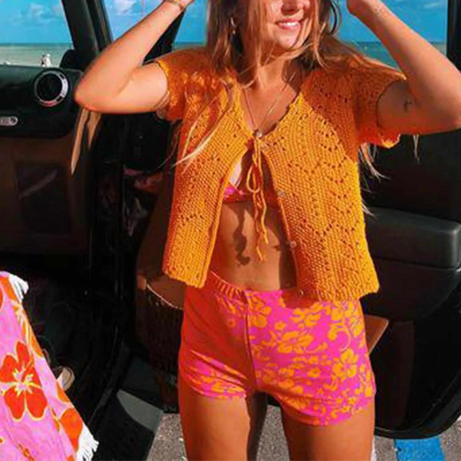Crochet Tops for Women Knitted Summer Vest Hollow Out Button Down Shirts Short Sleeve Crop Tops Fashion Y2K Tee