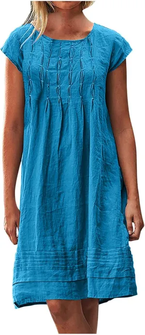 Ctreela 3/4 Sleeve Cotton Linen Lounge Dress Women's Casual V-Neck Midi Dresses Bohemian Sundress Loose Beach Dress