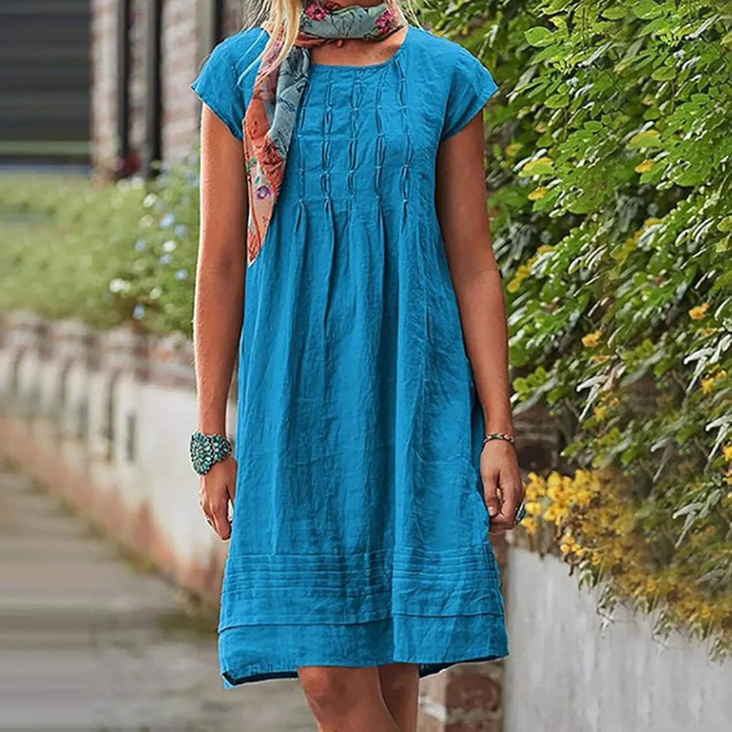 Ctreela 3/4 Sleeve Cotton Linen Lounge Dress Women's Casual V-Neck Midi Dresses Bohemian Sundress Loose Beach Dress