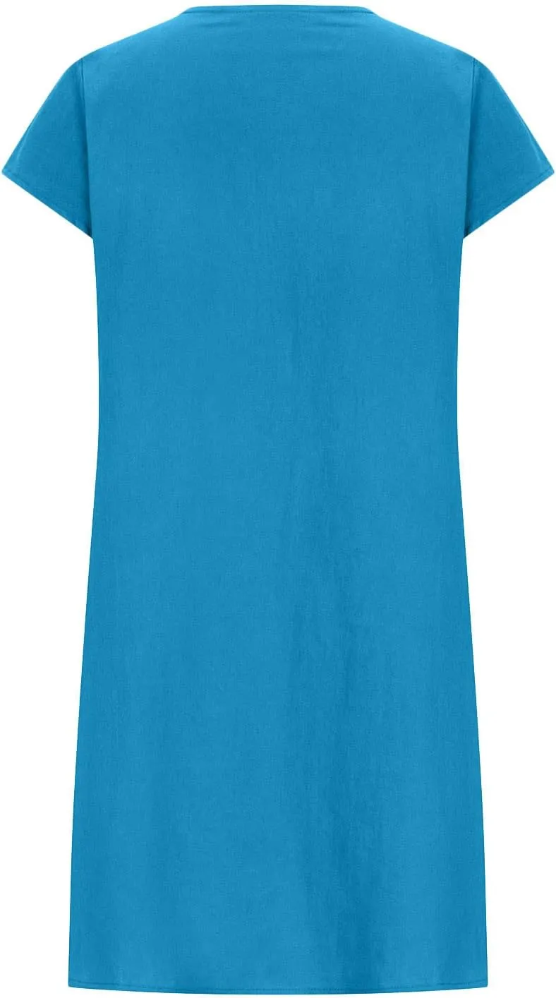 Ctreela 3/4 Sleeve Cotton Linen Lounge Dress Women's Casual V-Neck Midi Dresses Bohemian Sundress Loose Beach Dress
