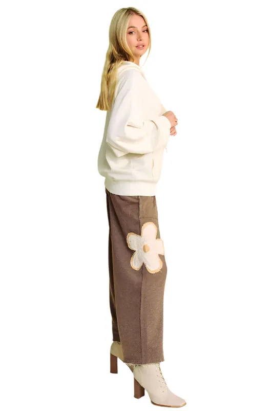 Davi & Dani Flower Patch Elastic Waist Wide Leg Pants