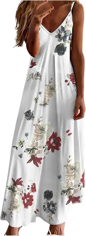 Deals of The Day Women's Summer Spaghetti Strap Elegant Long Dresses Plus Size Vacation Flowy Beach Dress Loose Floor Length Dress Casual Dresses for Women Red XL