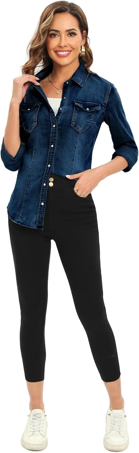 Denim Shirt for Women Long Sleeve Cotton Lightweight Fashion Denim Jacket for Women-2 Pockets