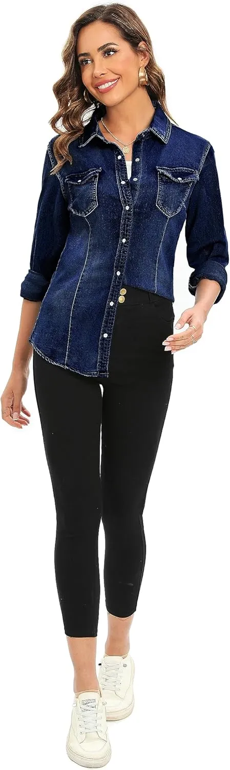 Denim Shirt for Women Long Sleeve Cotton Lightweight Fashion Denim Jacket for Women-2 Pockets