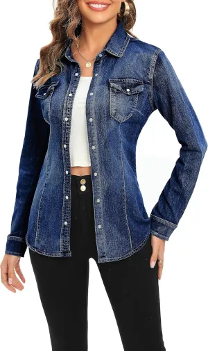 Denim Shirt for Women Long Sleeve Cotton Lightweight Fashion Denim Jacket for Women-2 Pockets
