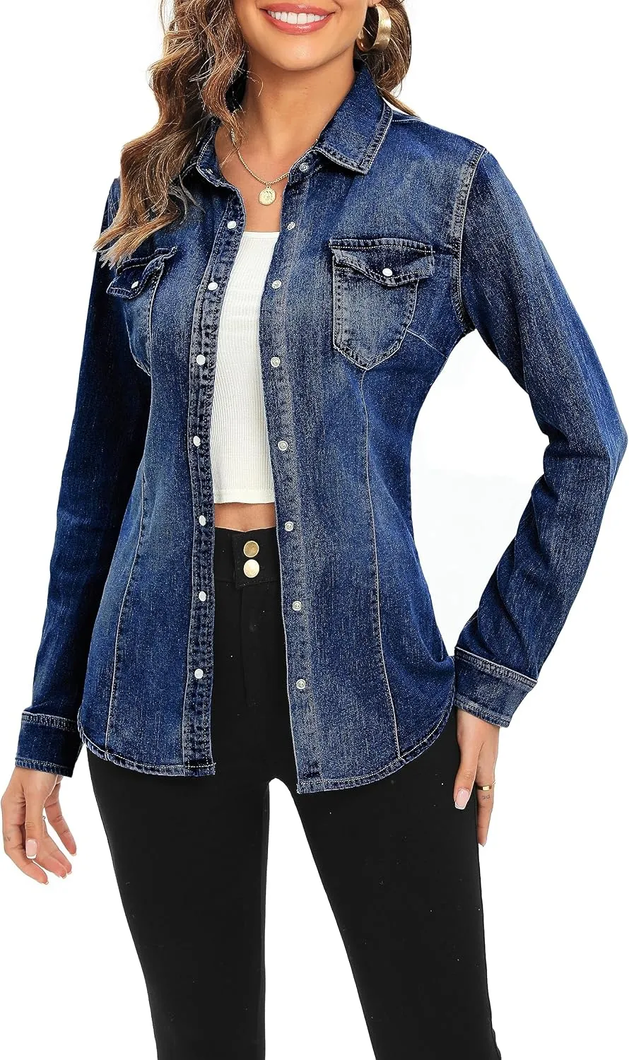 Denim Shirt for Women Long Sleeve Cotton Lightweight Fashion Denim Jacket for Women-2 Pockets