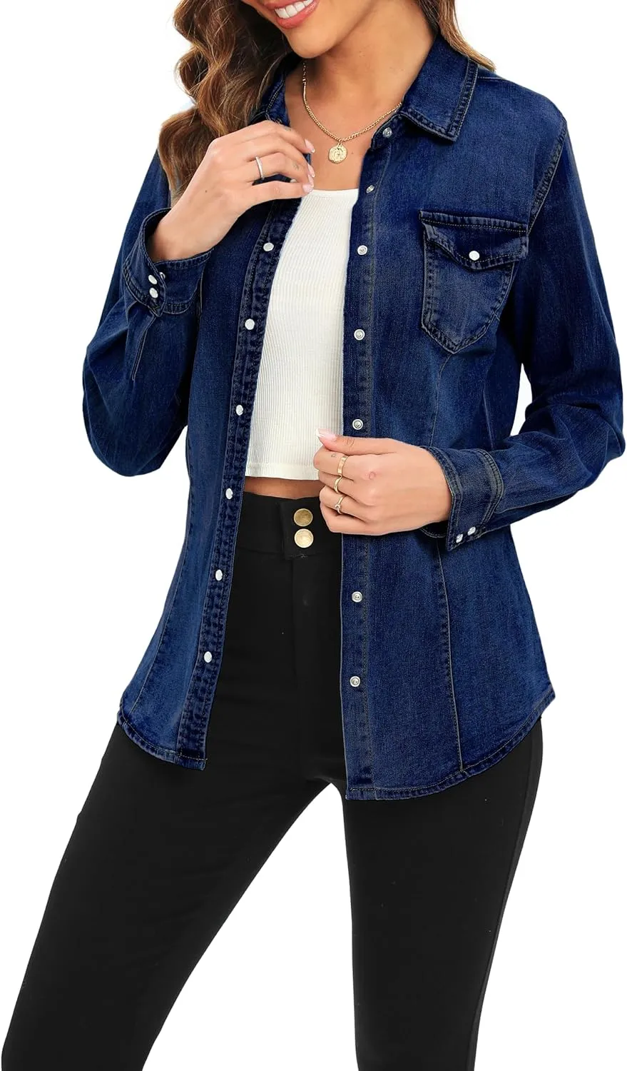 Denim Shirt for Women Long Sleeve Cotton Lightweight Fashion Denim Jacket for Women-2 Pockets