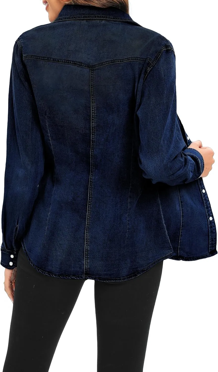 Denim Shirt for Women Long Sleeve Cotton Lightweight Fashion Denim Jacket for Women-2 Pockets