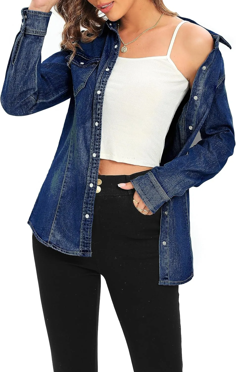 Denim Shirt for Women Long Sleeve Cotton Lightweight Fashion Denim Jacket for Women-2 Pockets