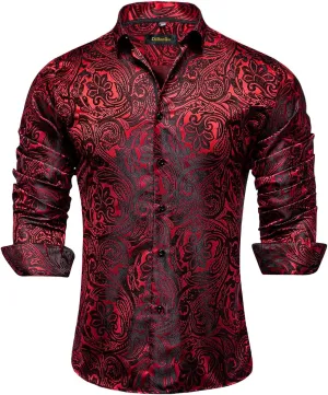 DiBanGu Mens Silk Paisley Dress Shirts,Long Sleeve Button Down Shirt Casual Regular Fit Shirt for Men Wedding Party
