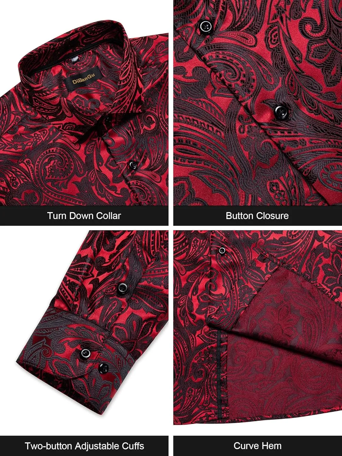 DiBanGu Mens Silk Paisley Dress Shirts,Long Sleeve Button Down Shirt Casual Regular Fit Shirt for Men Wedding Party