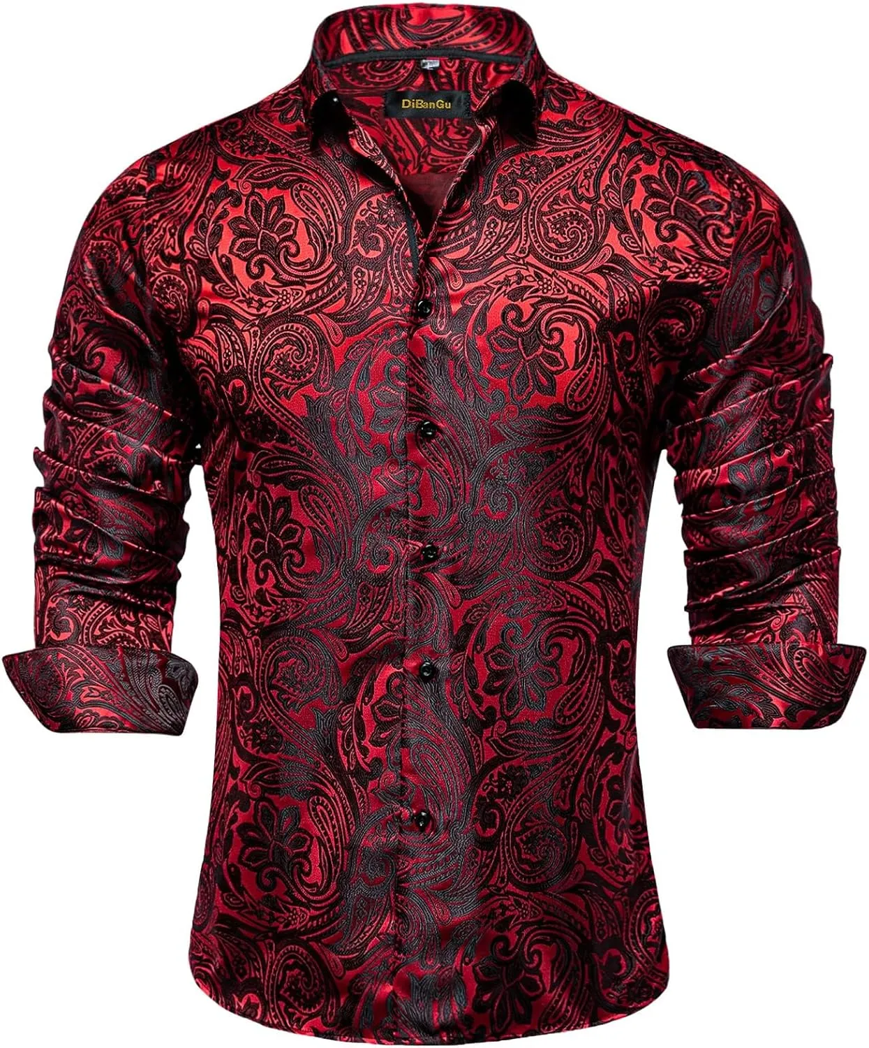 DiBanGu Mens Silk Paisley Dress Shirts,Long Sleeve Button Down Shirt Casual Regular Fit Shirt for Men Wedding Party