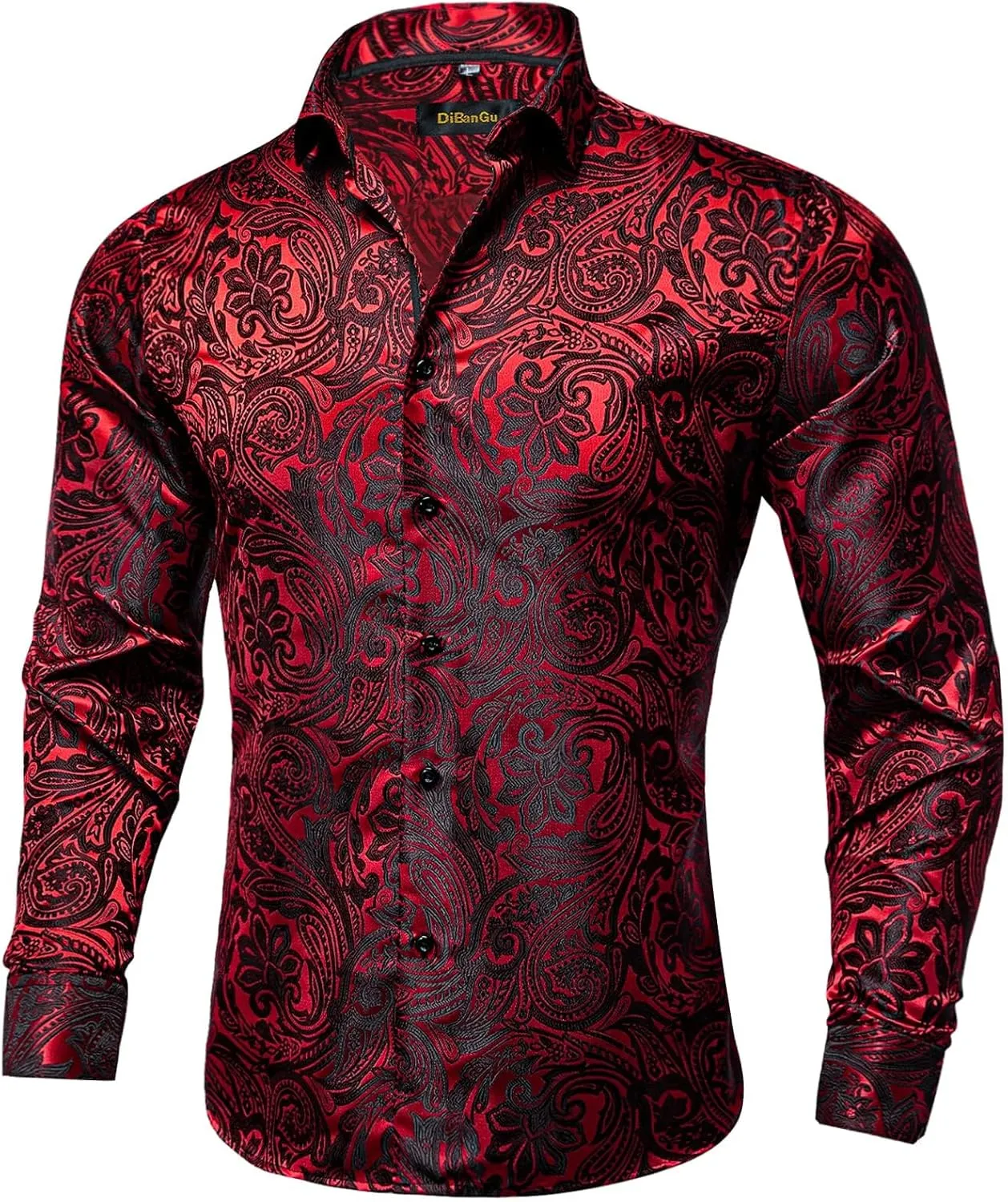 DiBanGu Mens Silk Paisley Dress Shirts,Long Sleeve Button Down Shirt Casual Regular Fit Shirt for Men Wedding Party