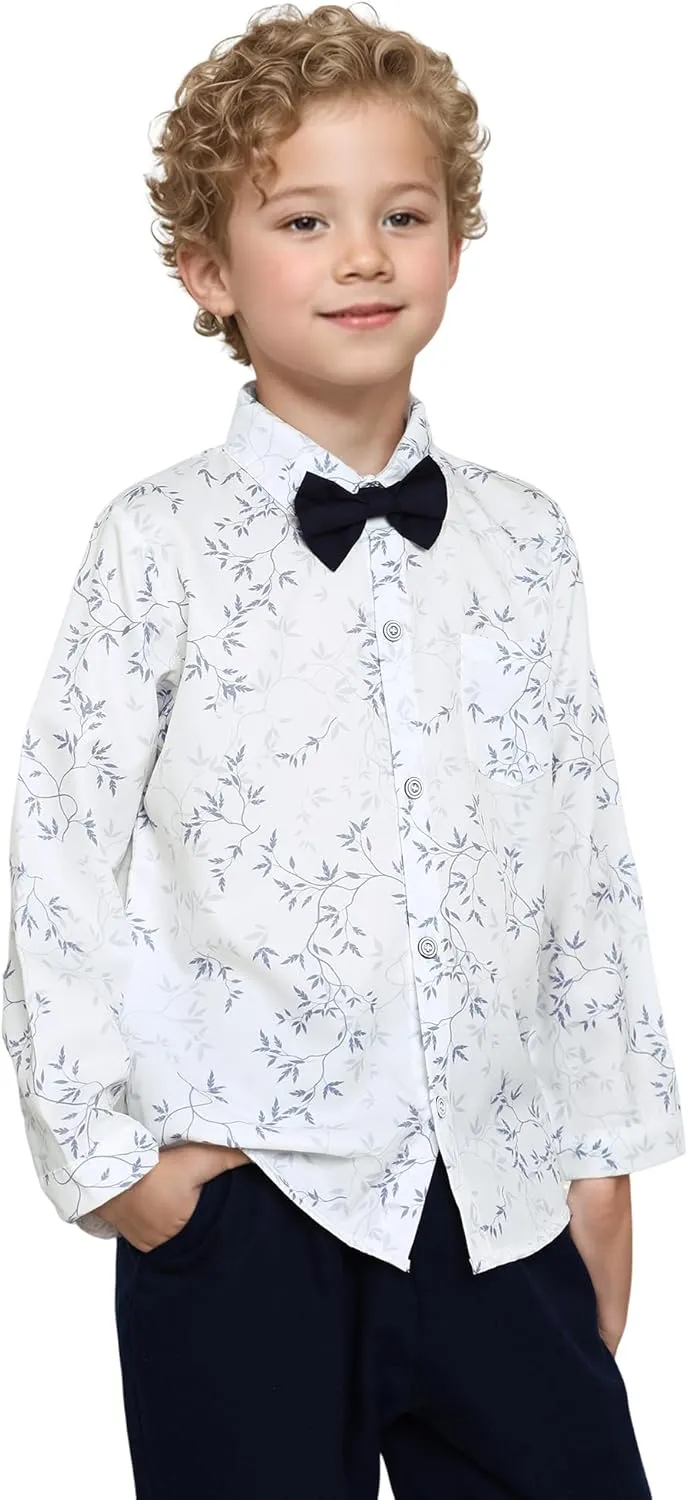 DISAUR Boys Dress Shirts Toddler Boy Button Down Shirt Long Sleeve Removable Bow Tie Button Up Shirt White Formal Graduation