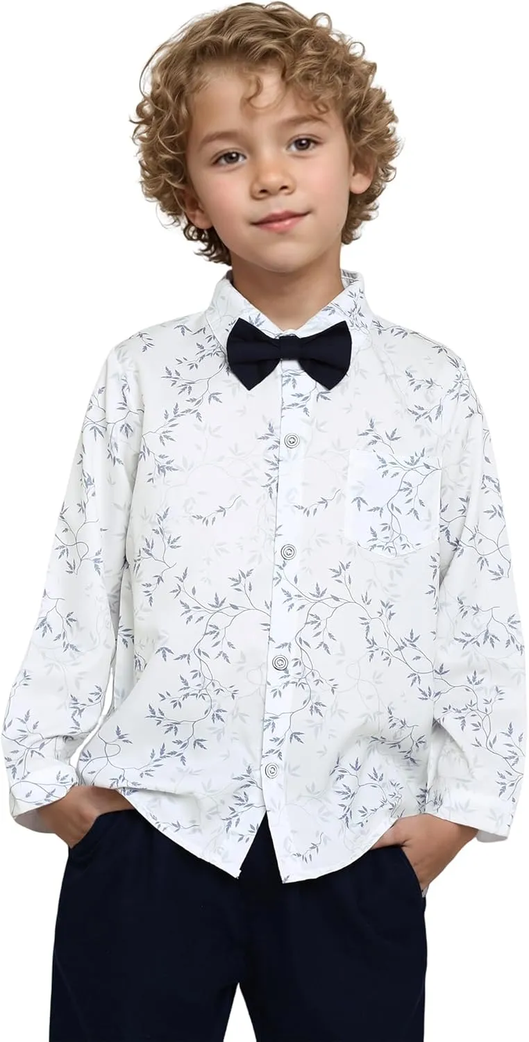 DISAUR Boys Dress Shirts Toddler Boy Button Down Shirt Long Sleeve Removable Bow Tie Button Up Shirt White Formal Graduation