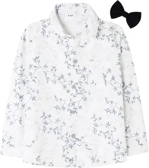 DISAUR Boys Dress Shirts Toddler Boy Button Down Shirt Long Sleeve Removable Bow Tie Button Up Shirt White Formal Graduation