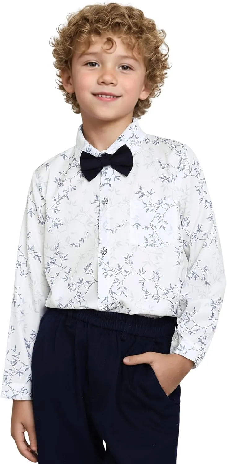 DISAUR Boys Dress Shirts Toddler Boy Button Down Shirt Long Sleeve Removable Bow Tie Button Up Shirt White Formal Graduation