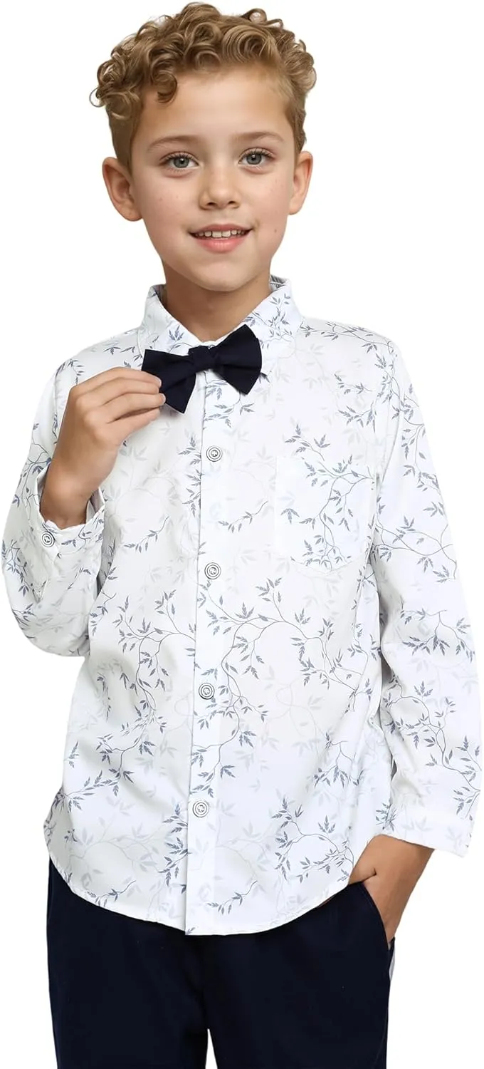 DISAUR Boys Dress Shirts Toddler Boy Button Down Shirt Long Sleeve Removable Bow Tie Button Up Shirt White Formal Graduation