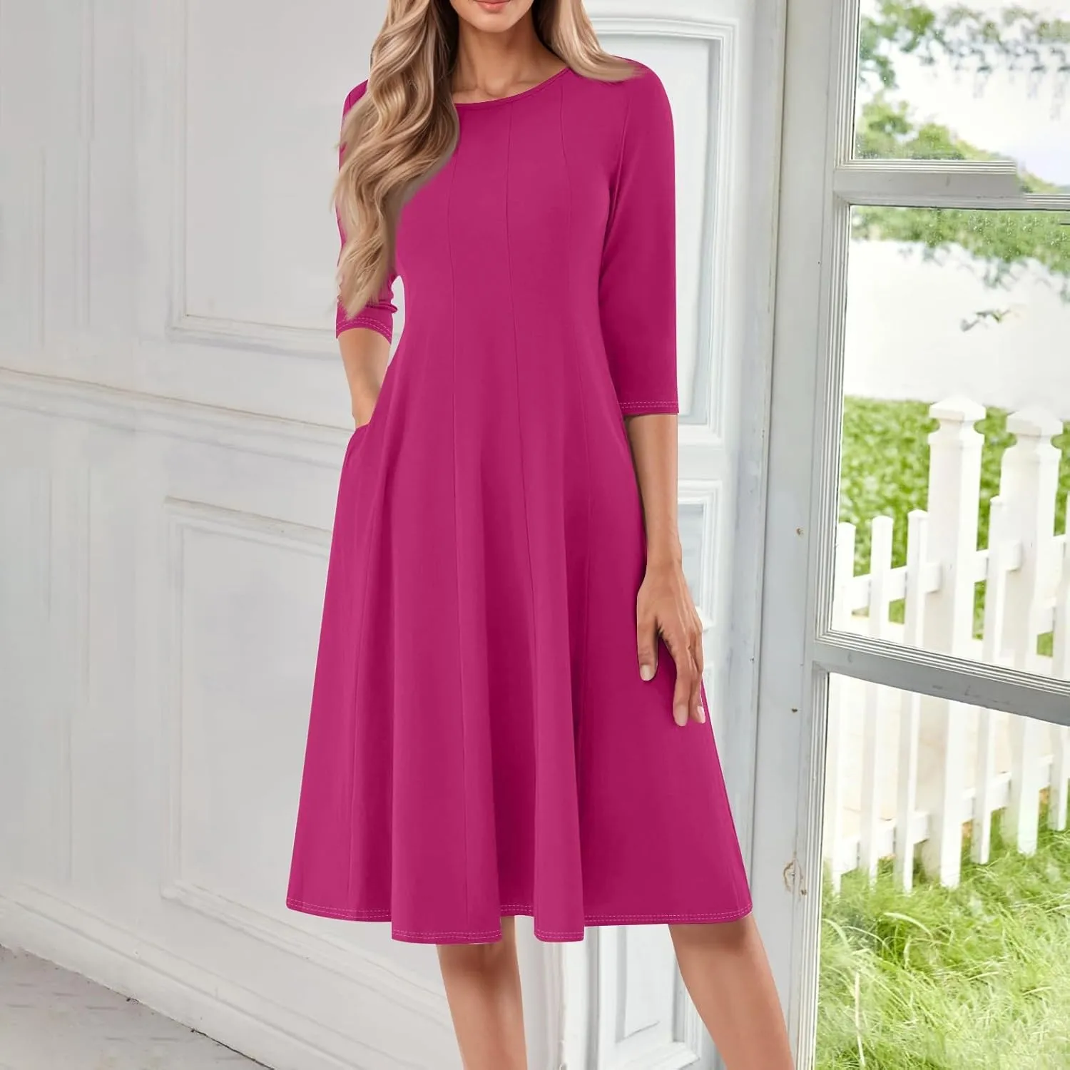 Dress for Women Casual Spring 3/4 Sleeve Ruched Dresses Midi Crew Neck A Line Solid Color with Pockets