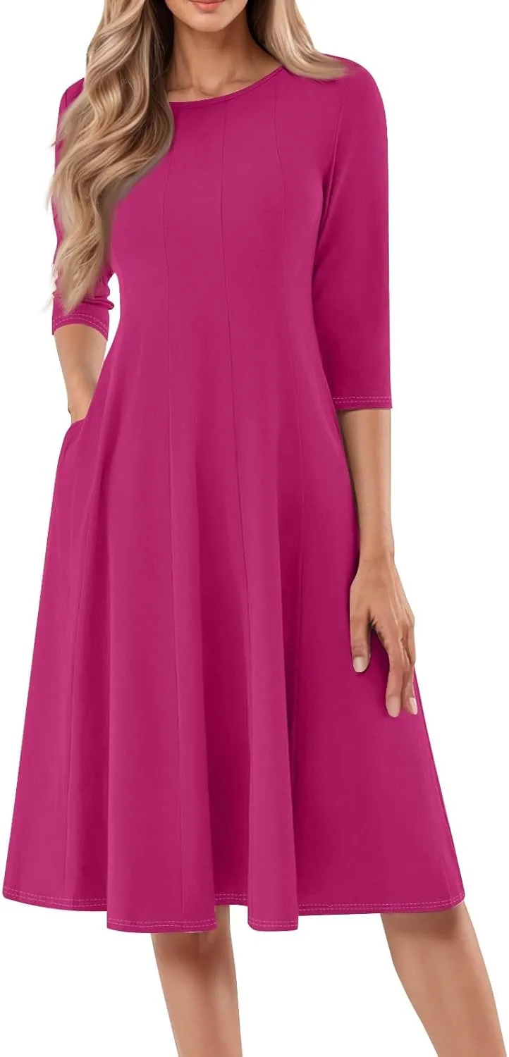 Dress for Women Casual Spring 3/4 Sleeve Ruched Dresses Midi Crew Neck A Line Solid Color with Pockets