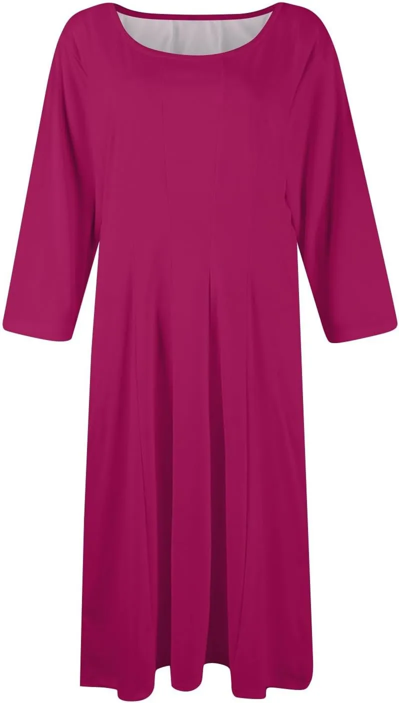 Dress for Women Casual Spring 3/4 Sleeve Ruched Dresses Midi Crew Neck A Line Solid Color with Pockets