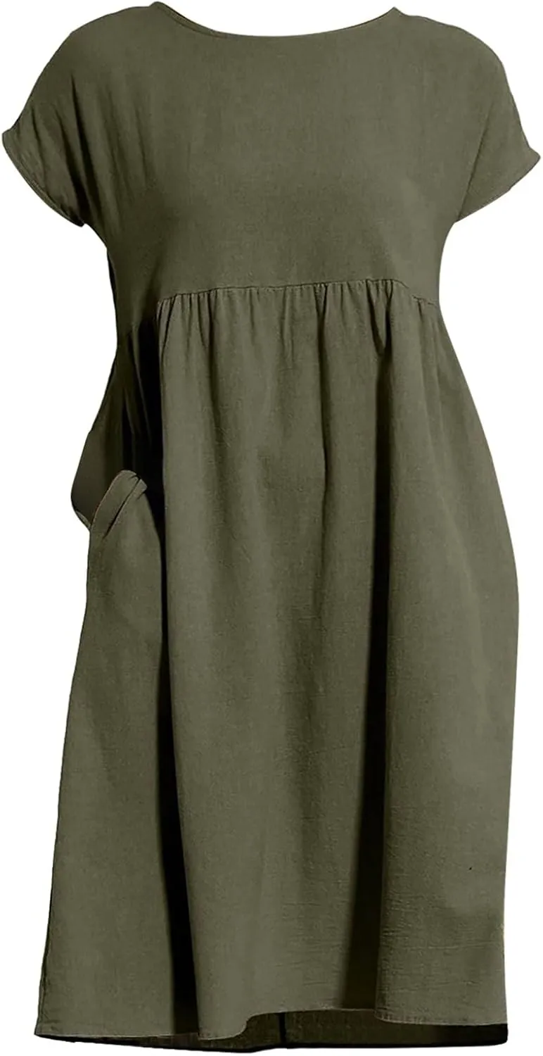 Dresses for Women 2024 Summer Plus Size Short Sleeves Cotton Linen Midi Dress Trendy Casual Loose Beach Sundress
