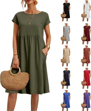 Dresses for Women 2024 Summer Plus Size Short Sleeves Cotton Linen Midi Dress Trendy Casual Loose Beach Sundress