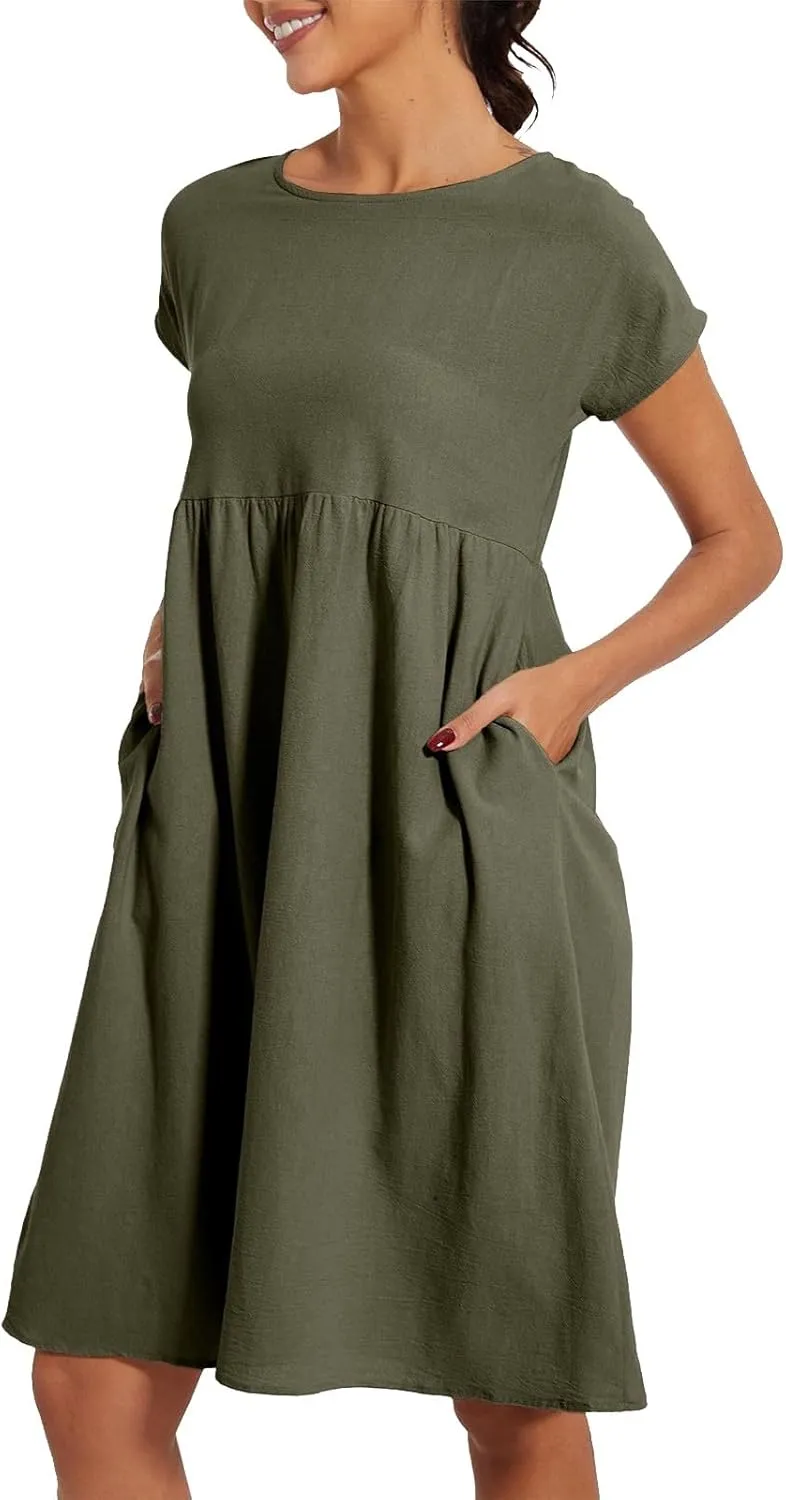 Dresses for Women 2024 Summer Plus Size Short Sleeves Cotton Linen Midi Dress Trendy Casual Loose Beach Sundress