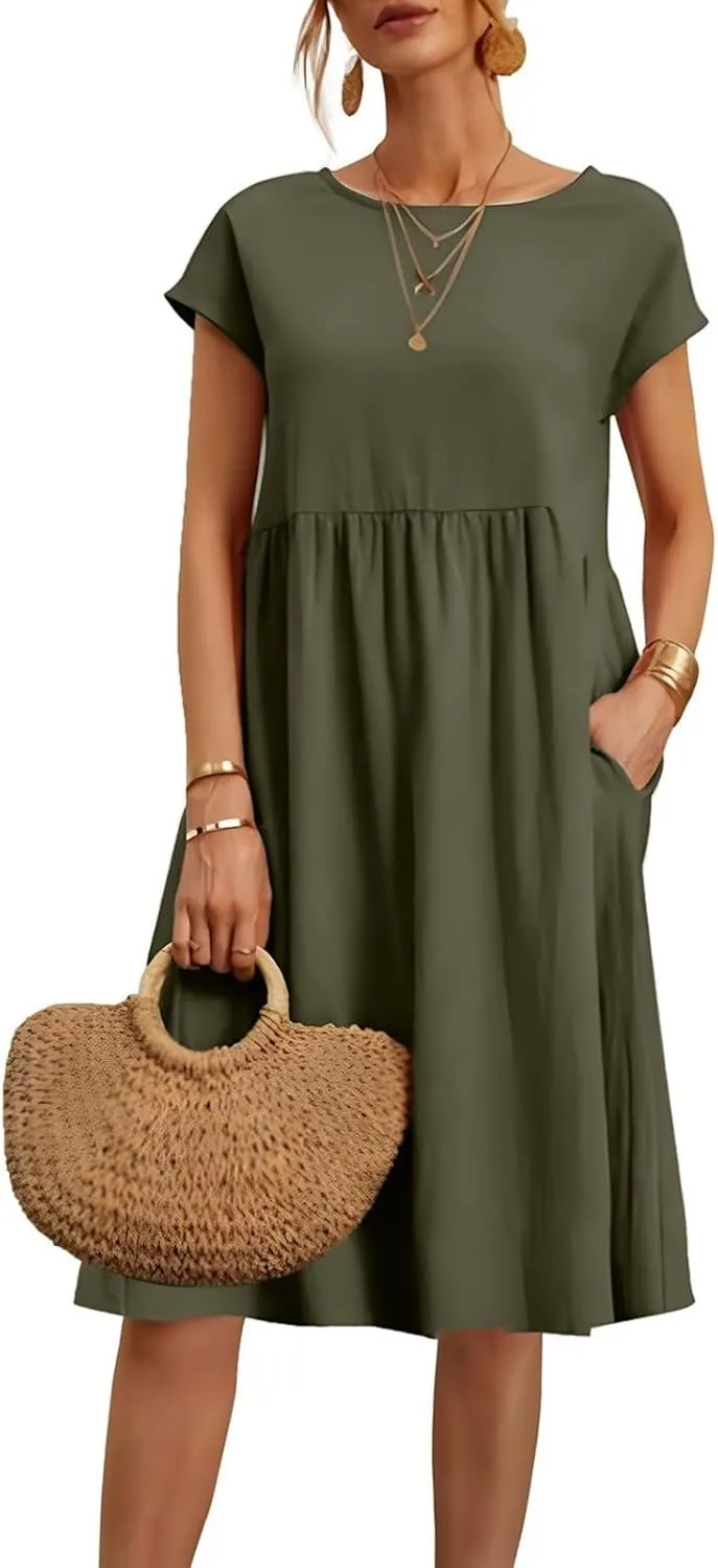 Dresses for Women 2024 Summer Plus Size Short Sleeves Cotton Linen Midi Dress Trendy Casual Loose Beach Sundress