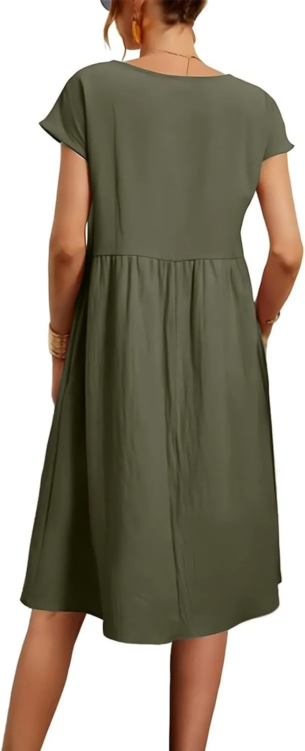 Dresses for Women 2024 Summer Plus Size Short Sleeves Cotton Linen Midi Dress Trendy Casual Loose Beach Sundress