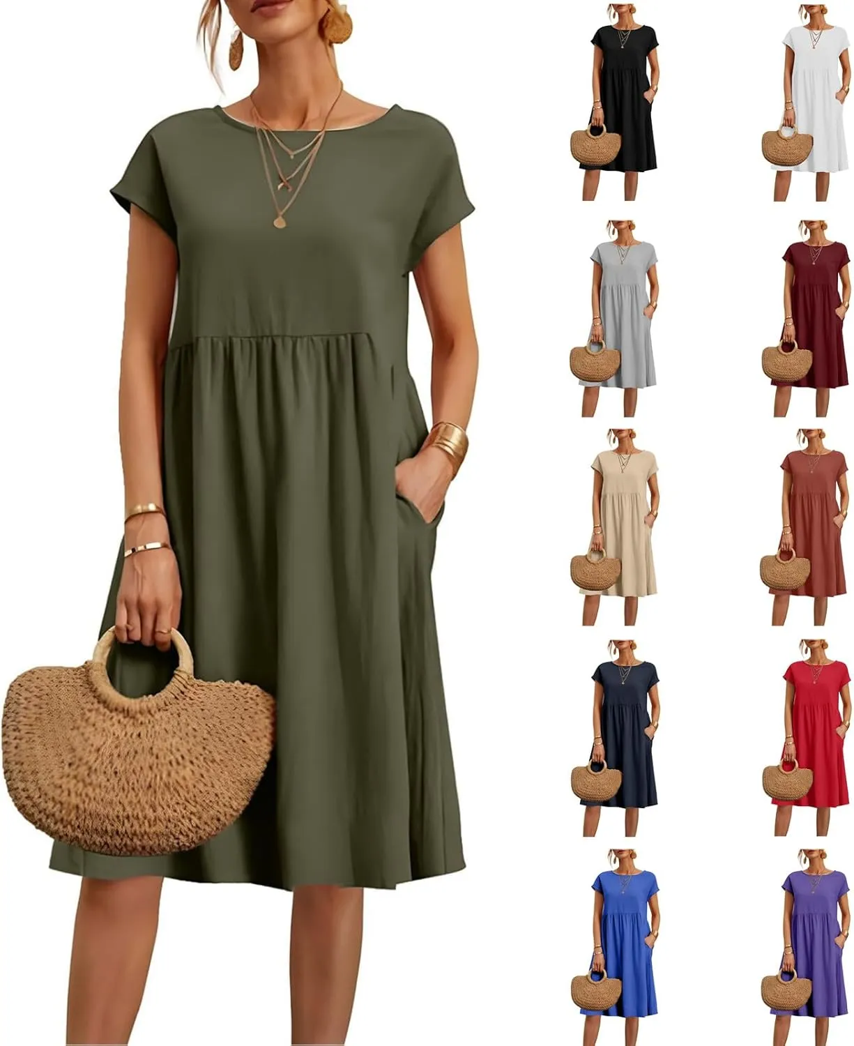 Dresses for Women 2024 Summer Plus Size Short Sleeves Cotton Linen Midi Dress Trendy Casual Loose Beach Sundress