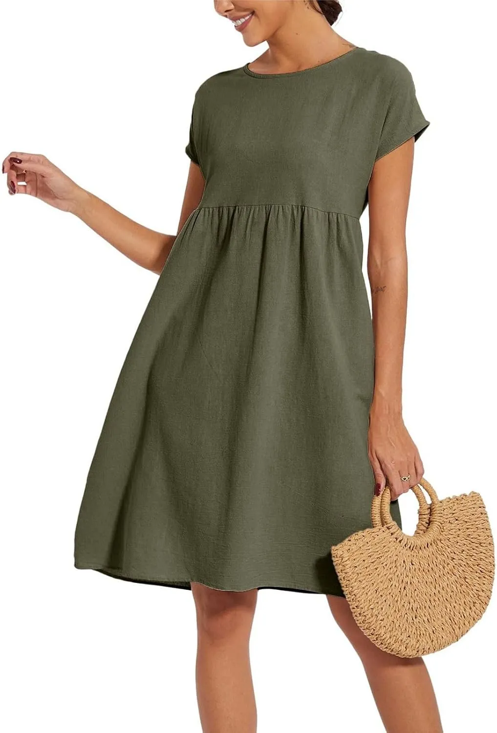 Dresses for Women 2024 Summer Plus Size Short Sleeves Cotton Linen Midi Dress Trendy Casual Loose Beach Sundress