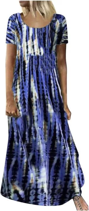 Dresses for Women 2025 Summer Casual Loose Fit Short Sleeve Crew Neck Maxi Dress Vintage Tie-Dye Print Beach Dress