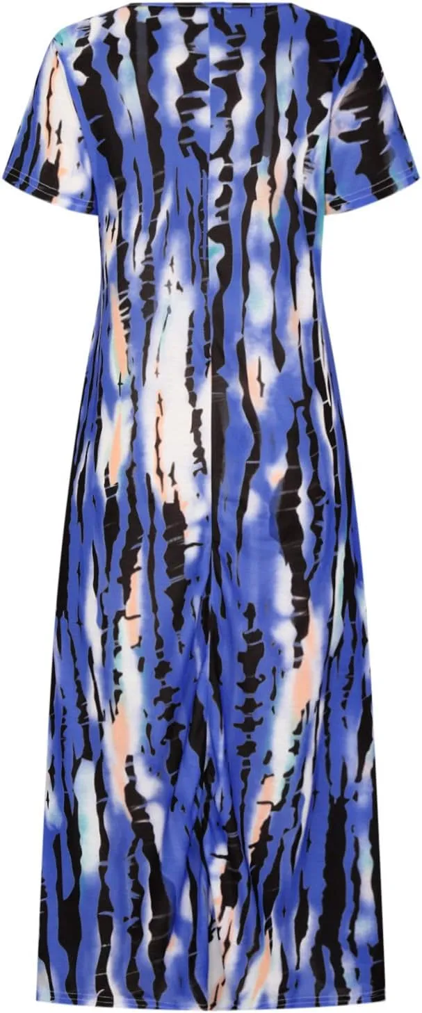 Dresses for Women 2025 Summer Casual Loose Fit Short Sleeve Crew Neck Maxi Dress Vintage Tie-Dye Print Beach Dress