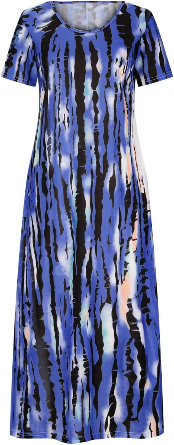 Dresses for Women 2025 Summer Casual Loose Fit Short Sleeve Crew Neck Maxi Dress Vintage Tie-Dye Print Beach Dress