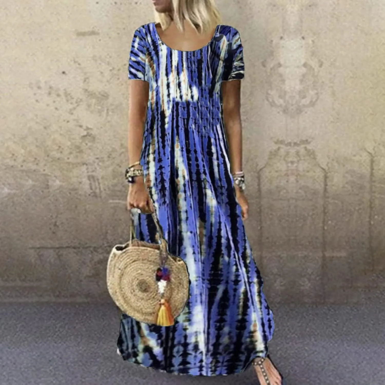 Dresses for Women 2025 Summer Casual Loose Fit Short Sleeve Crew Neck Maxi Dress Vintage Tie-Dye Print Beach Dress