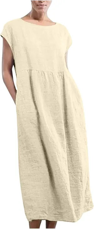 Dresses for Women 2025 Summer Plus Size Cotton Linen Solid Dress Crew Neck Loose Casual Beach Vacation Midi Dress