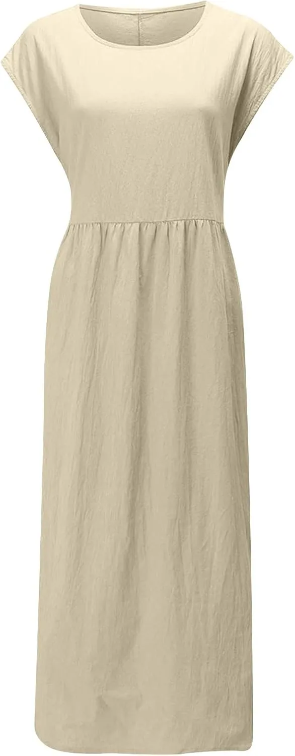 Dresses for Women 2025 Summer Plus Size Cotton Linen Solid Dress Crew Neck Loose Casual Beach Vacation Midi Dress